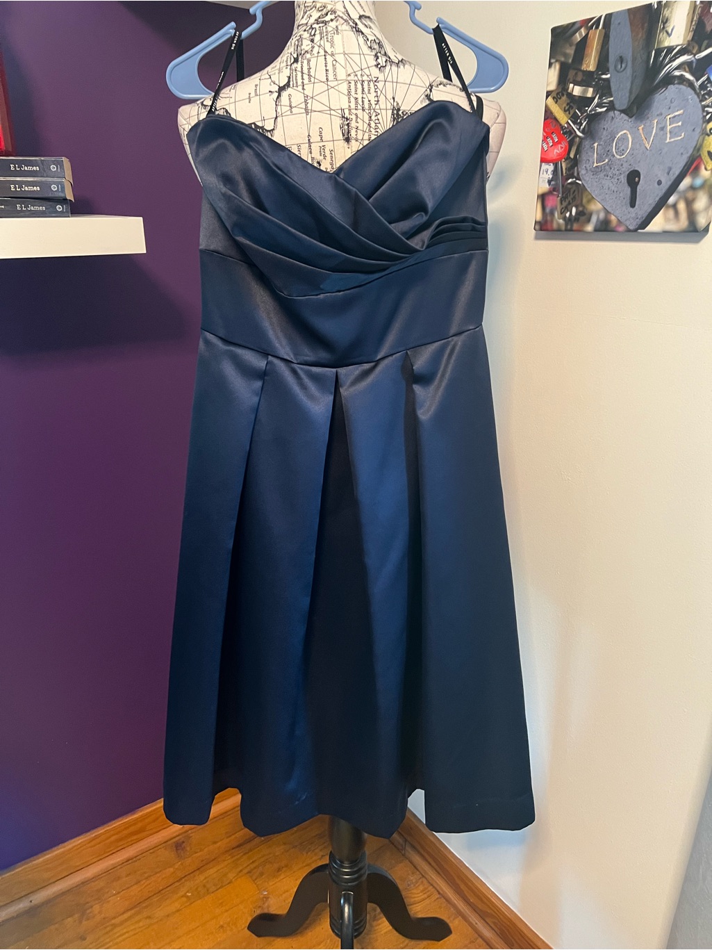 After Six Navy Satin Strapless Dress With Pleated Skirt